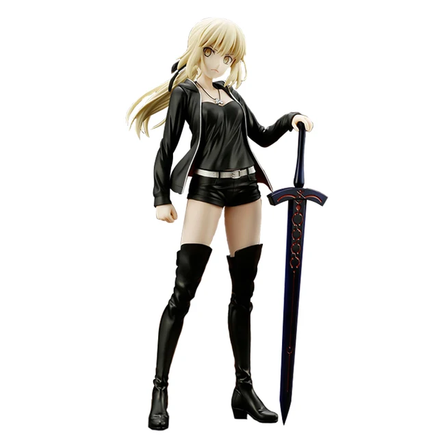 Introducing the 24CM Anime Figure Saber Heroic Spirit Black Casual Leather Suit Take Sword Standing Pose Model Dolls Toy Gift Collect Boxed PVC