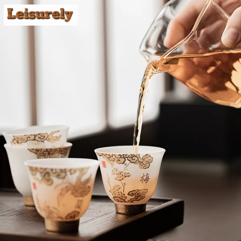 4pc Gilded Ice Jade Porcelain Four Gentlemen Teacup Japanese Tea Bowl Tea-tasting Meditation Cup Chazhan Master Cups Tea Items