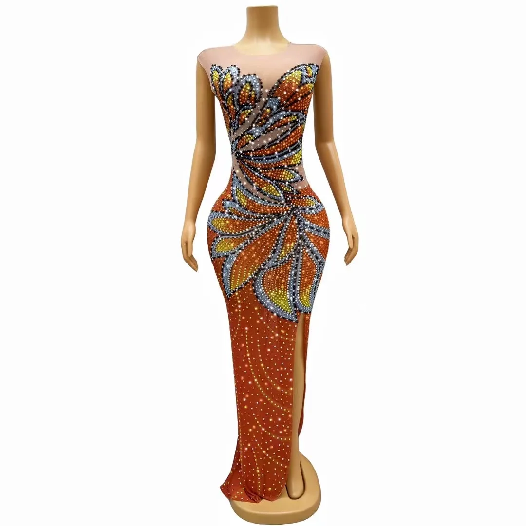 

Orange Colorful Rhinestones Sleeveless DressSexy Transparent Stretch Outfit NightclubBirthday Dance Party Collections C268