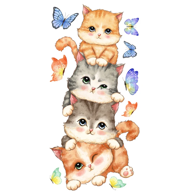 T45# Cartoon Animal Kitten Butterfly Wall Sticker Kids Room Background Home Decoration Mural Living Room Wallpaper Funny Decal
