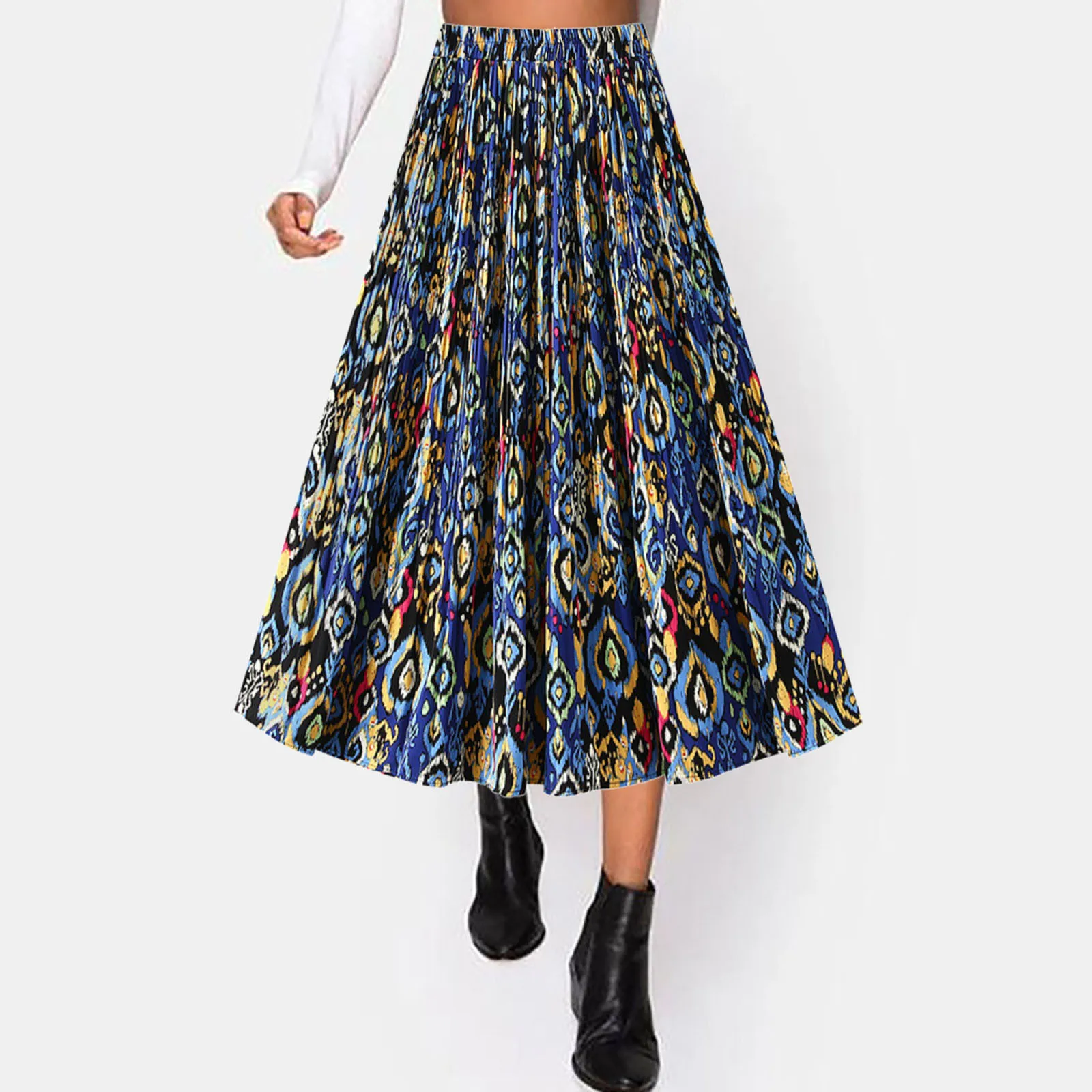 

Женская юбка средней длины, трапециевидная юбка с высокой талией и цветочным принтом, праздничный костюм для вечеринки, плиссированная юбка средней длины