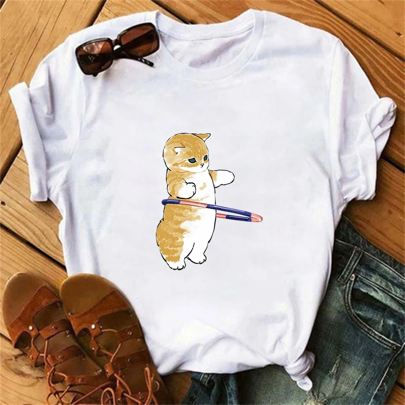 

Trend Kawaii Cat Woman Print Fun T-shirt Girl Animal Y2K Fashion 90's print top T-shirt Girl Bestie Black and white clothes