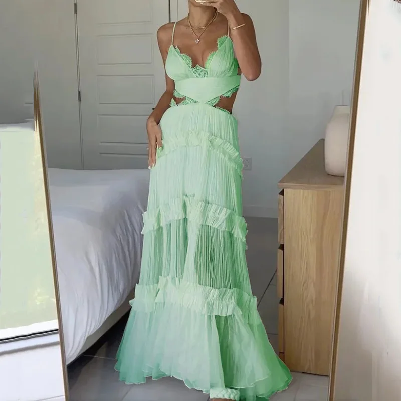 

Сексуальное Белое Кружевное женское платье на бретельках, модное платье с V-образным вырезом и оборками без рукавов, элегантные женские платья