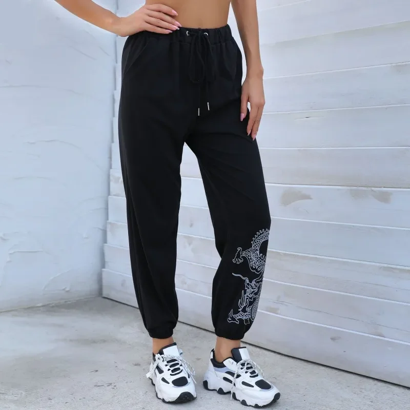 Chinese Dragon Printed Pencil Pants Women Black Drawstring Mid-Waist Ankle-Length Pants Street Fashion Casual Commute Trousers new women black high street print ankle length jeans zipper fly belt pants punk style bandage straight pocket hip hop pantalon