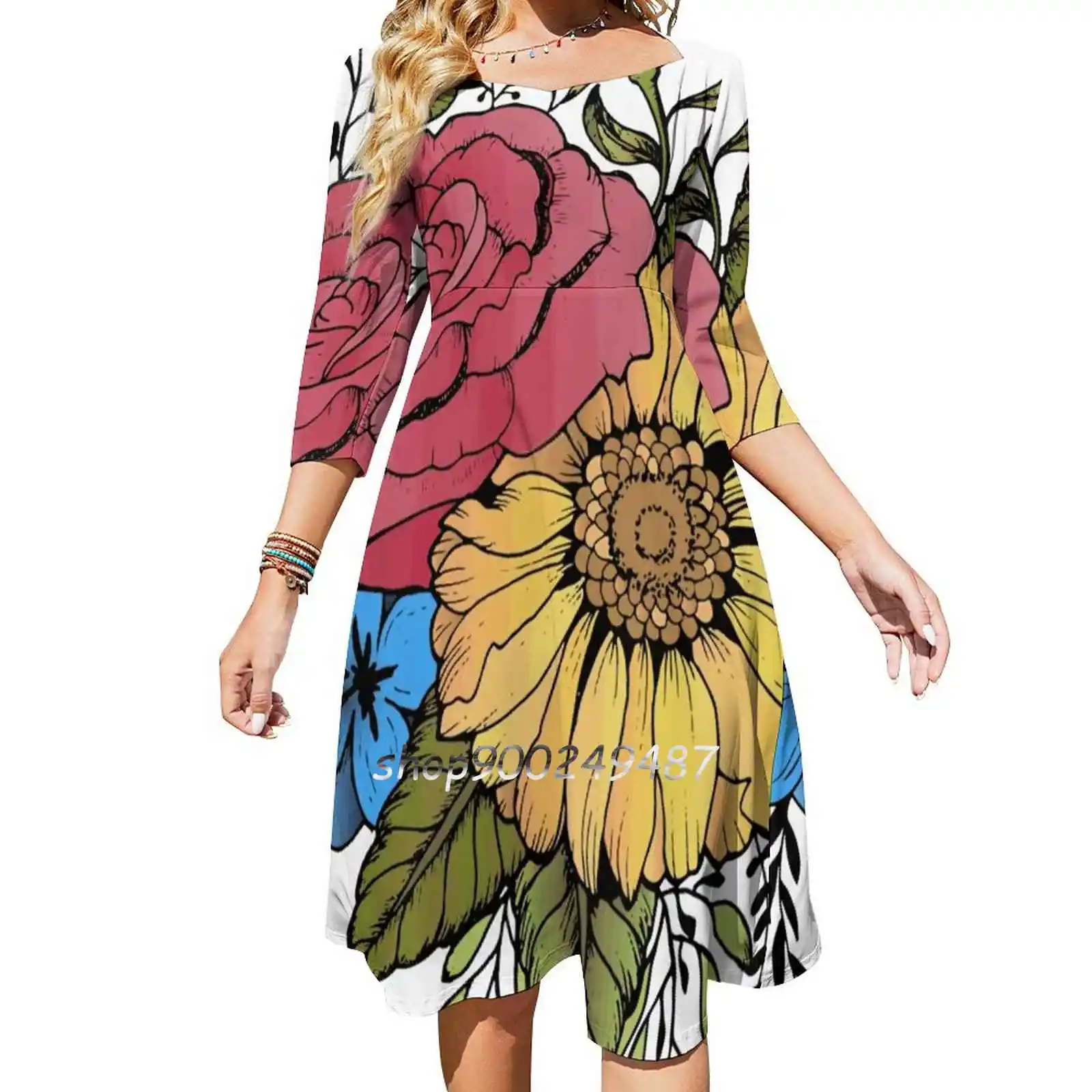 

Sunflower & Rose Sweetheart Knot Flared Dress Fashion Design Large Size Loose Dress Sunflower Sunflowers Rose Roses Flowers