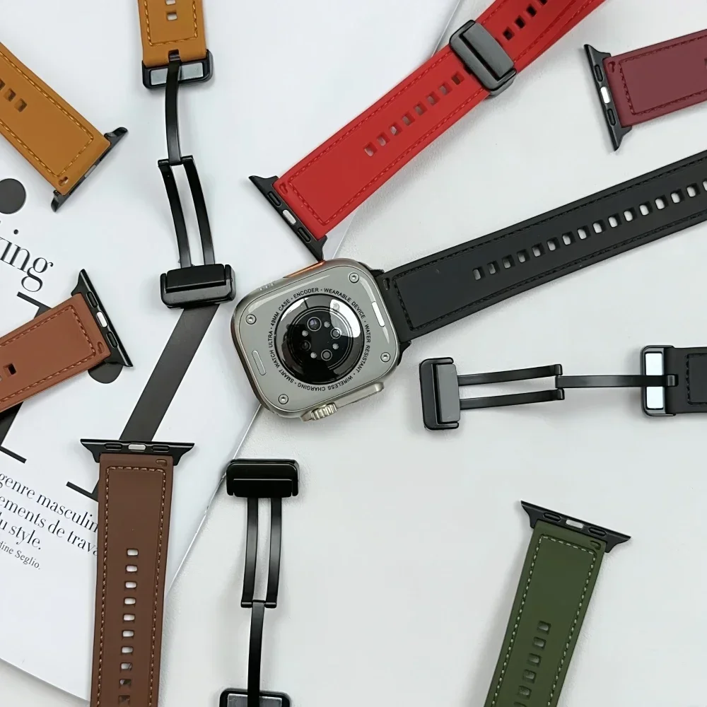 Silicon+Leather Band For Apple Watch Strap 41 42 44 45 49mm 46mm Retro Magnetic Buckle Bracelets iWatch Ultra Series 10 9 8 7 SE