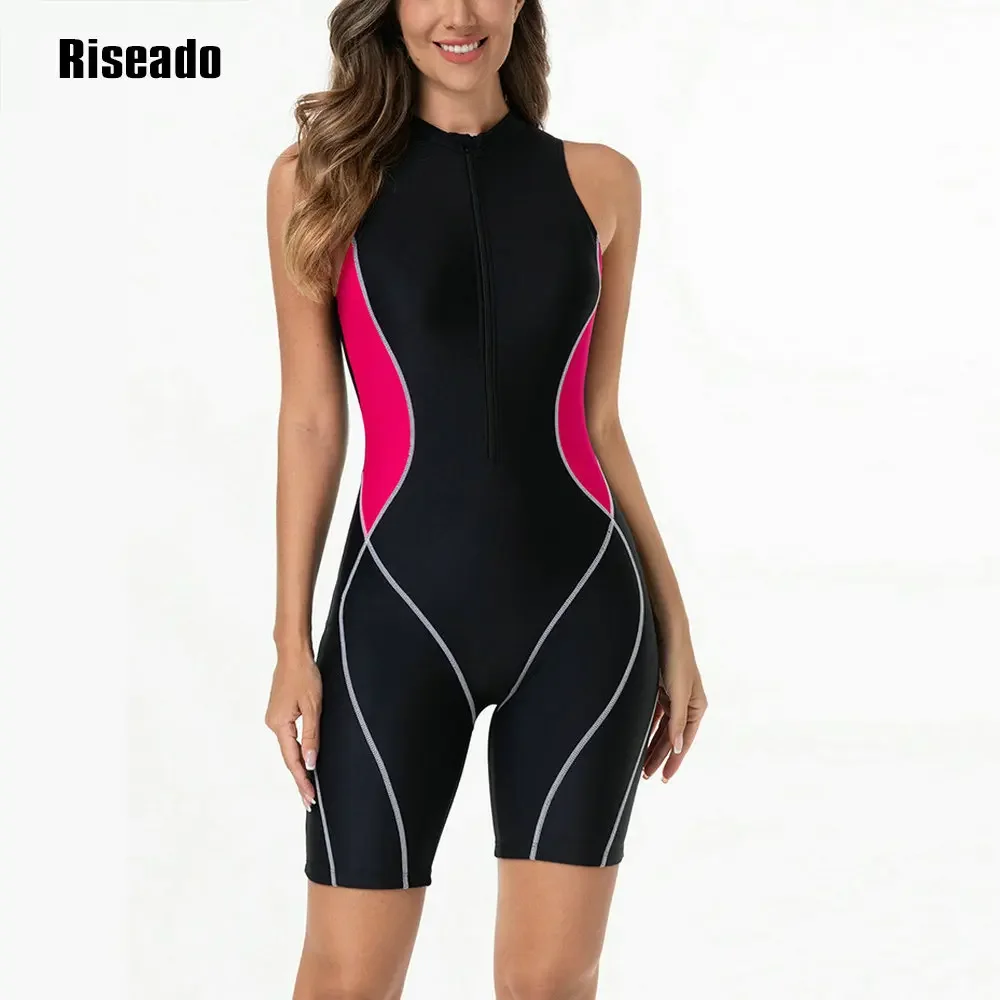 Athletic Women Boyleg One Piece Swimsuit Knee Length Zip Front Sports Bathing Suit Big Size Riseado