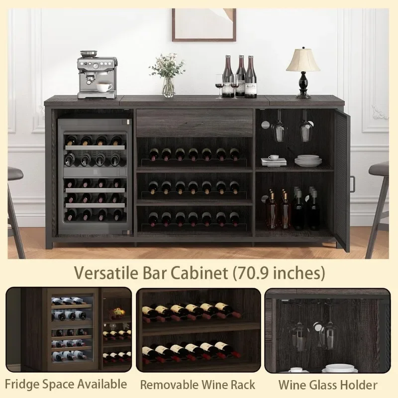 LVB Long Bar Cabinet with Fridge Space, Farmhouse Big Liquor Cabinet with Drawer Storage, Rustic Wood Metal Large Wine