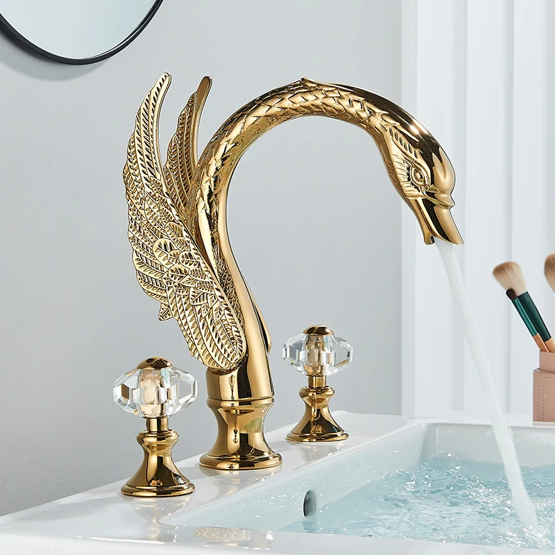 Golden Swan Shape Bathroom Faucet Basin Faucet Tap Bathtub Two Crystal Handles Hot Cold Mixer Crane Basin Tap