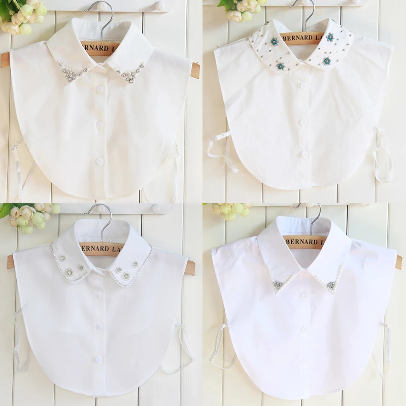 

Fashion Women Shirt False Collar Bead Decoration Detachable Fake Collar V-neck Lapel Blouse Top Tie Clothes Accessories