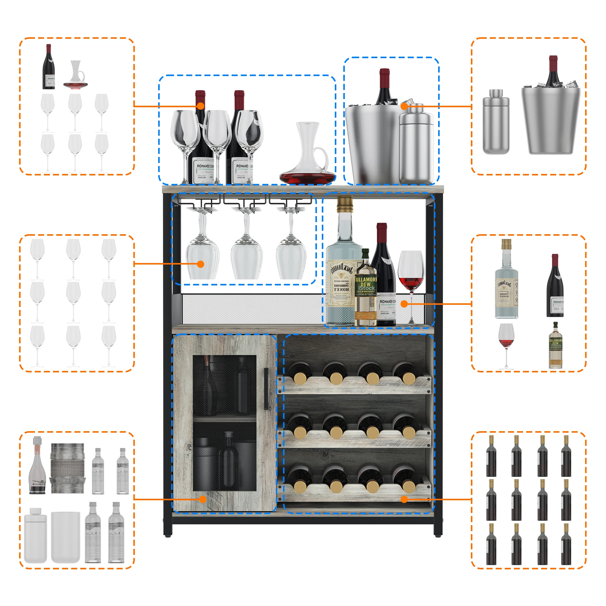 Wine Cabinet with Large Storage Space Detachable Rack Industrial Sideboard and Buffet Cabinet with Glass Holder and Mesh Door