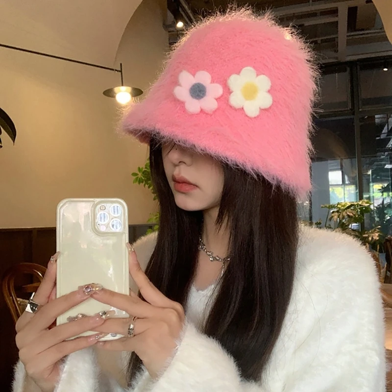 

Women Winter Furry Bucket Hat 3D Floral Beanie Warm Adjustable Fisherman Cap