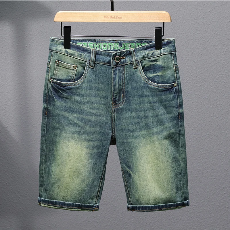 

Retro Green Denim Shorts Men's Summer Stretch Fashion Fashion Brand Loose Straight American Casual Ruffle Handsome Shorts