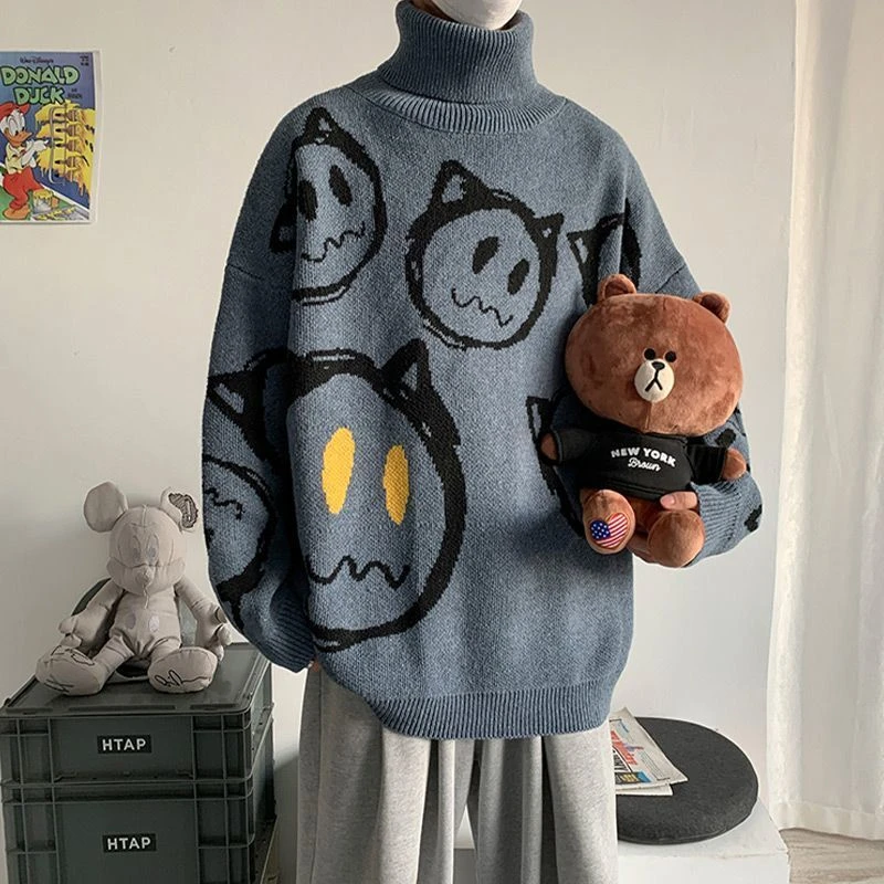 Korean literature art turtleneck sweater men autumn winter lazy style knitted sweater cartoon devil print wool clothes pullovers