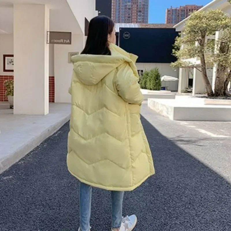 2024 New Women Cotton Coat Winter Jacket Female Mid Length Version Solid Color Parkas Loose Thick Outwear Hooded Simple Overcoat