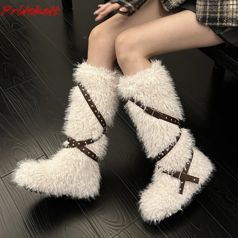 Fur Cross Tied Knee High Boots Women Round Toe Metal Decoration Slip On Flats Boots Winter Hot Sale Spice Girl Fashion Boots