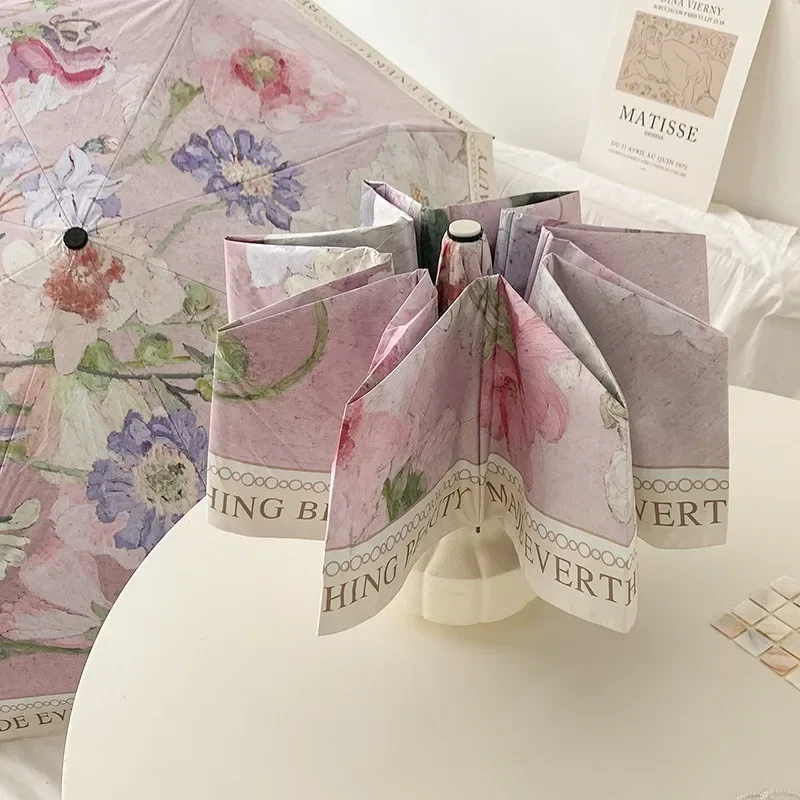 Umbrella Sunshade Protection UV Folding Advertisement Girl Parasol Flower Modern Luxury Retro Oil Painting Automatic Black Glue