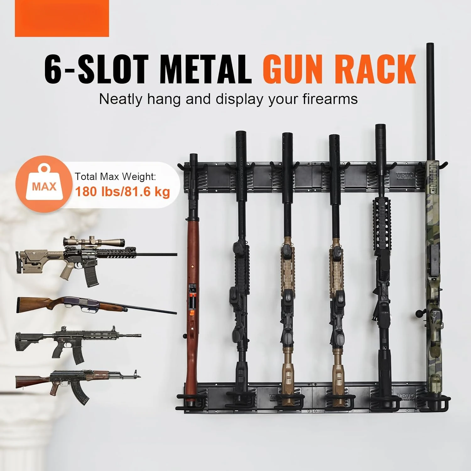 Gun Rack,Indoor Gun Rack Wall Mount, 6-Slot Vertical Rifle Shotgun Rack, 180 lb Heavy Duty Metal Wall Rack Display Stand