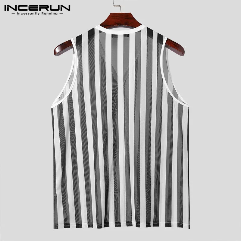 INCERUN Tops 2024 American Style New Mens Striped V-neck Perspective Mesh Shirts Casual Sexy Comfortable Sleeveless Blouse S-2XL