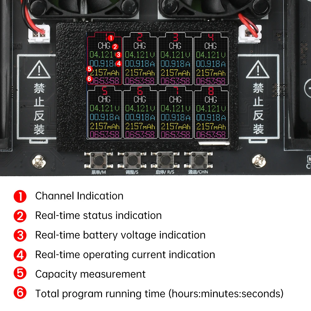 8-Kanal 18650 Lithium-Batterie Auto-Lade-/Entladetester mit Kapazitäts- und Innenwiderstandsmessung, 2,4'' Kurvenanzeige, DC 5V EU/US-Stecker – Detail 11