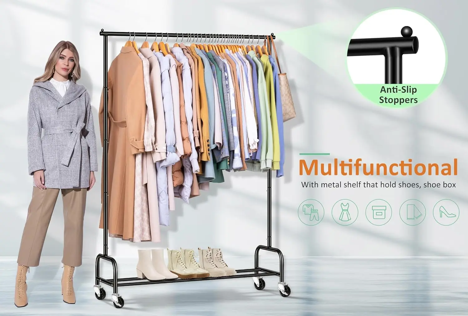 Heavy duty hanger, used for hanging hangers, 43 inch wide roll hanger, metal hanger with wheels used for storing various clothes 5