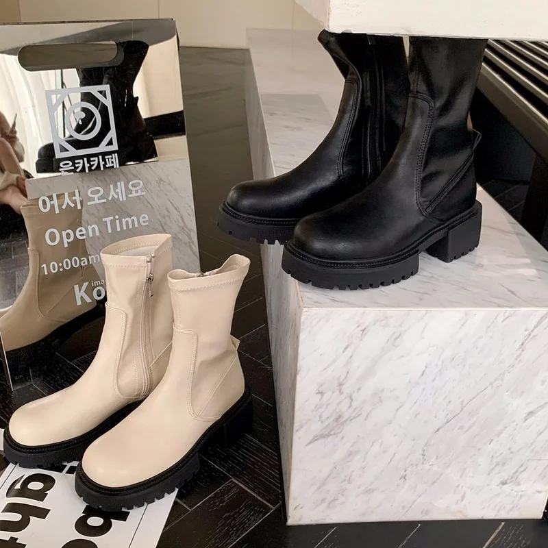 Thick Sole Women Ankle Boots Fashion Square Toe Heel Zipper Ladies Flat Heel Short Boots High Quality Autumn Women's Boots Shoes