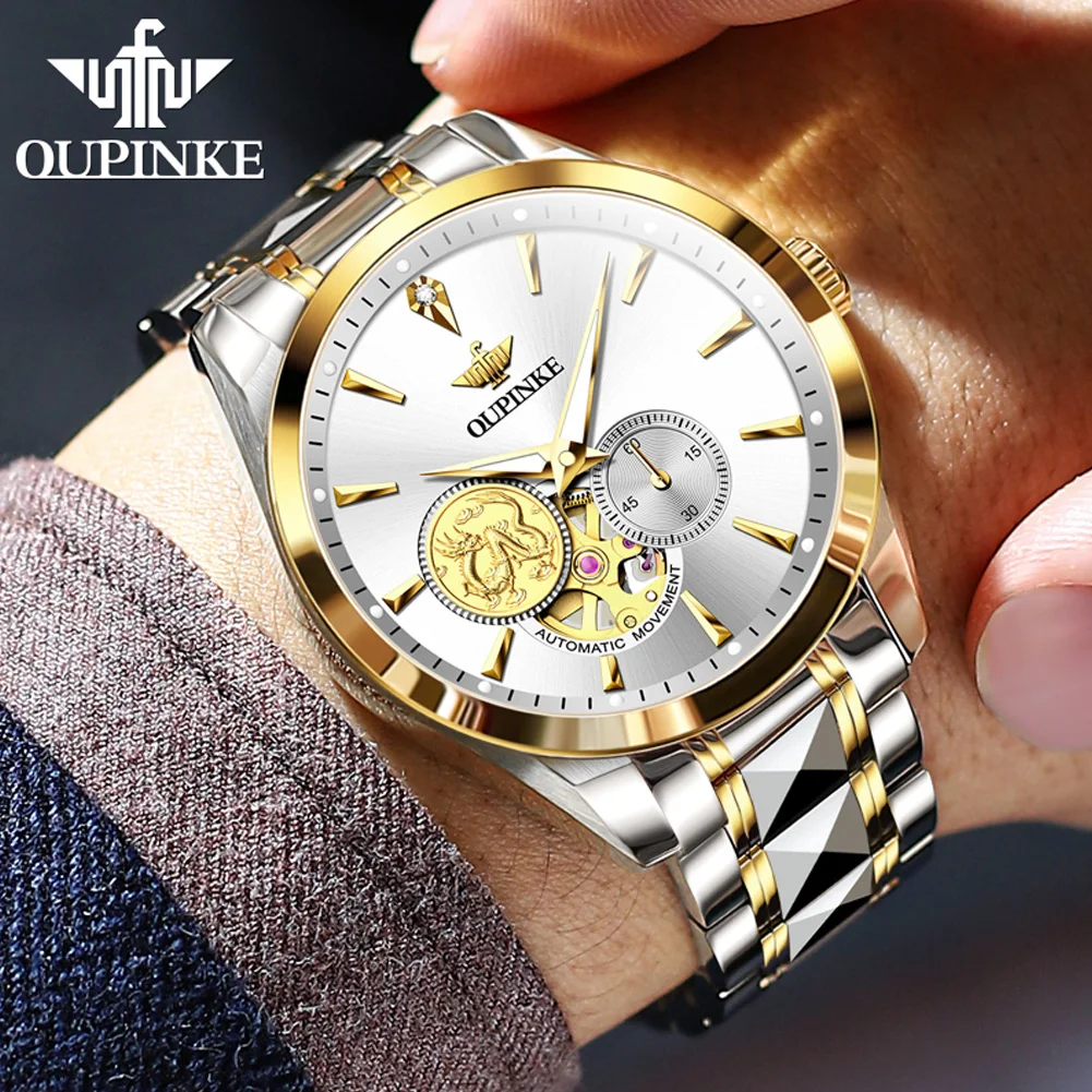 OUPINKE 3260 Watches For Men Hollow Real Gold Dragon Watch Original Luxury Top Brand Real Diamond Automatic Mechanical Man Watch