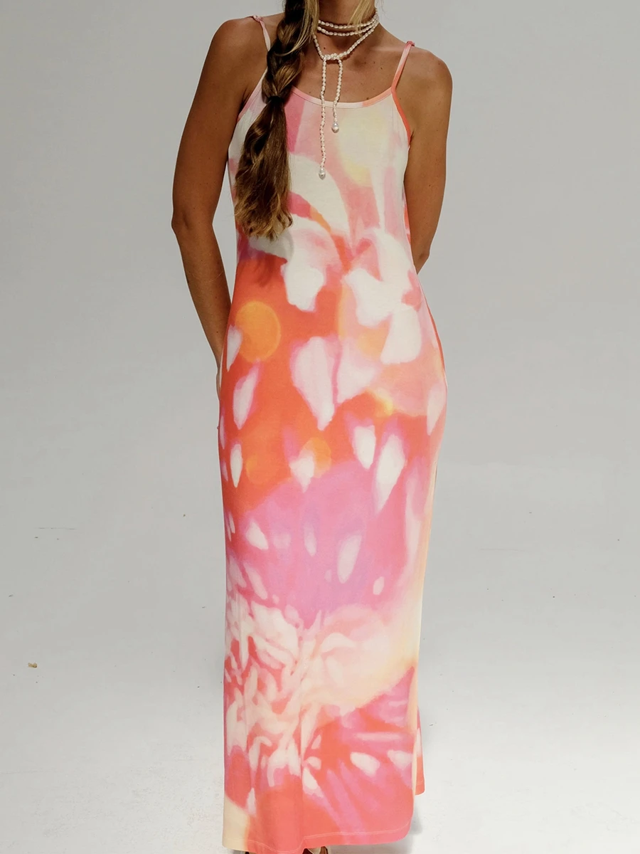 

2024 New Women Slip Sleeveless Dress Summer Tie-Dye Floral Print Backless Party Dress for Vacation Cocktail Beach Streetwear