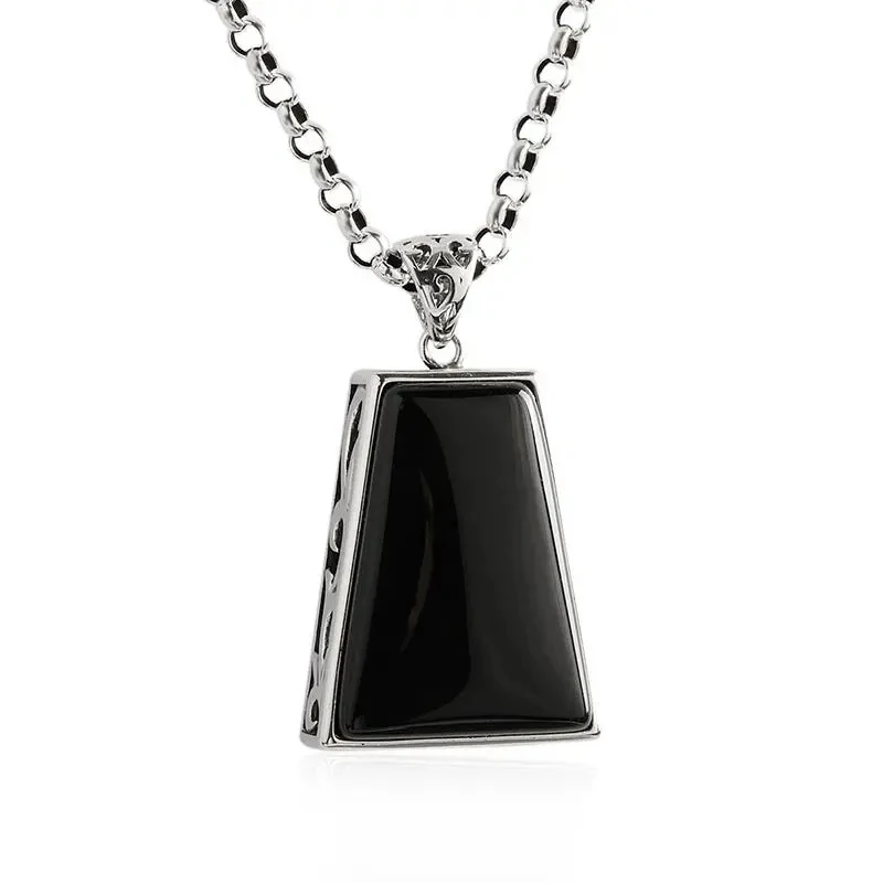 Original design geometric black agate pendant necklace retro domineering creative men and women charm brand silver jewelry pendant necklace silver necklace silver pendant silver necklace charms