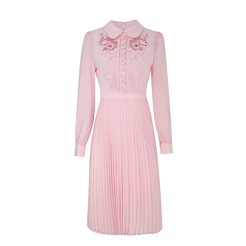 

Women's Flower Embroidery Dress, Long Sleeve, Turn-Down Collar, Pleated Dresses, Patchwork, New