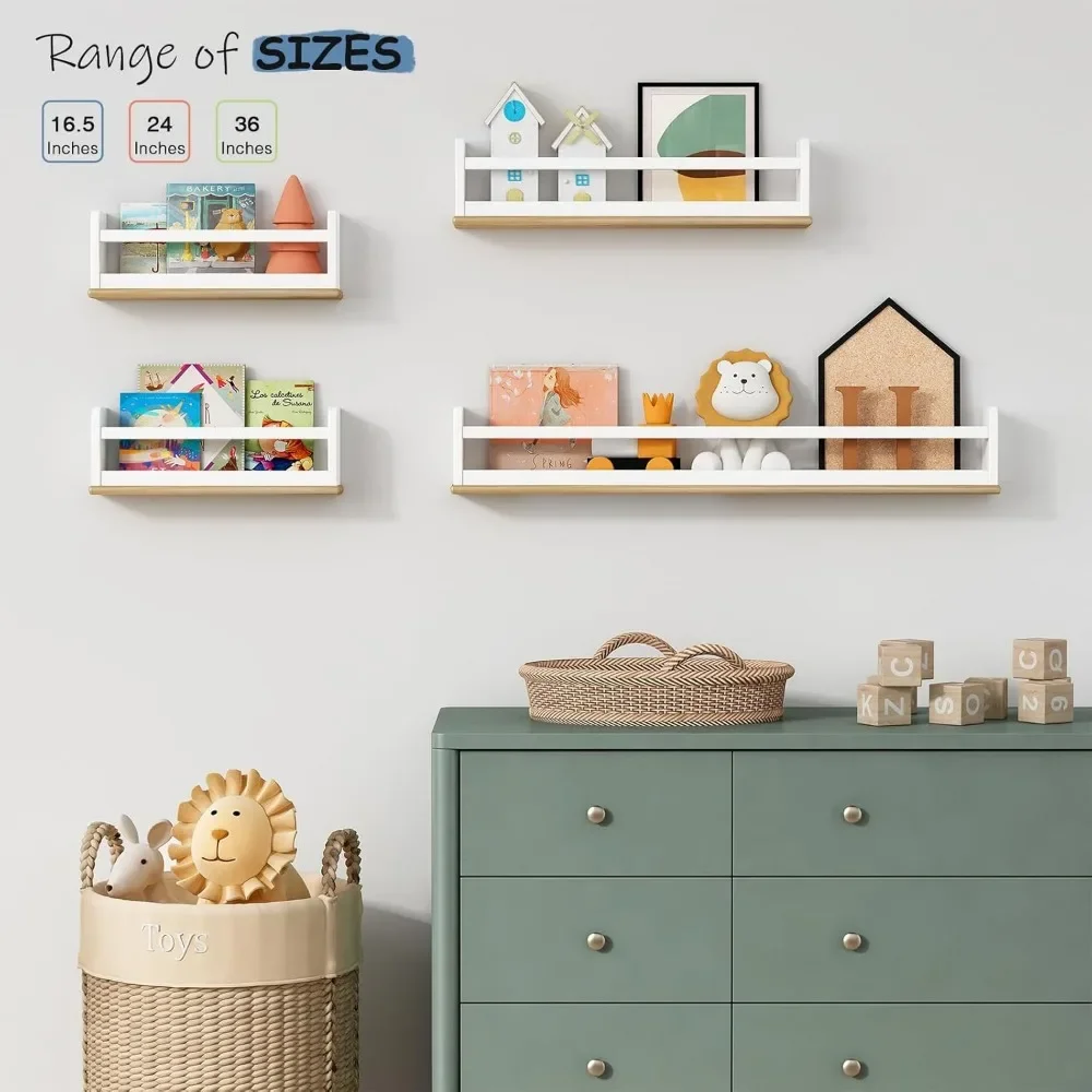 Small Kids Bookshelves Wall Mounted 3-Pack, White Floating Nursery Book Shelves for Kids Room Bedroom, Solid Wood Hanging 6