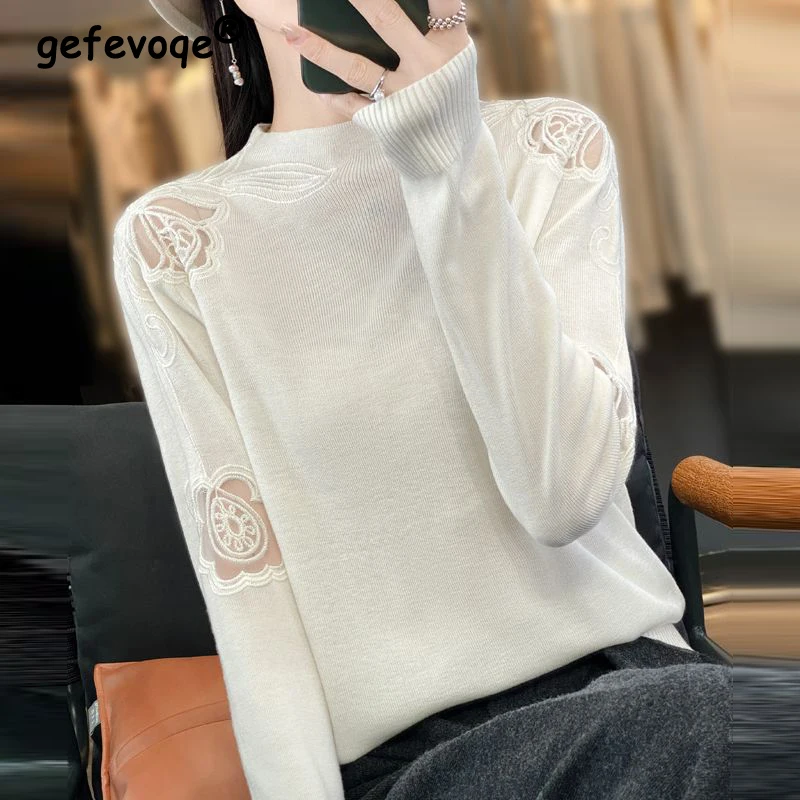 

Women Korean Fashion Lace Embroidery Rhinestone Basic Knitted Sweater Casual Solid Round Neck Long Sleeve Elegant Chic Pullovers