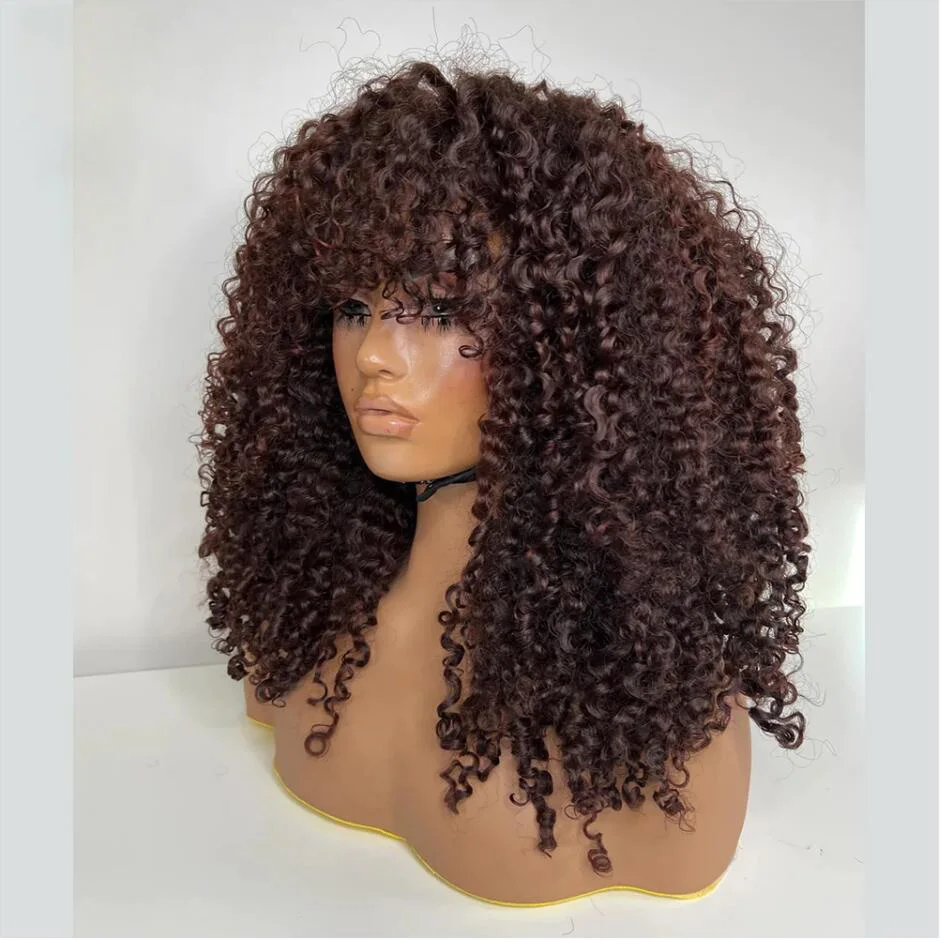 

Soft Brown Color 26 Inch Long Kinky Curly Machine Wig With Bangs For Black Women High Temperature Fiber Cosplay Glueless Daily