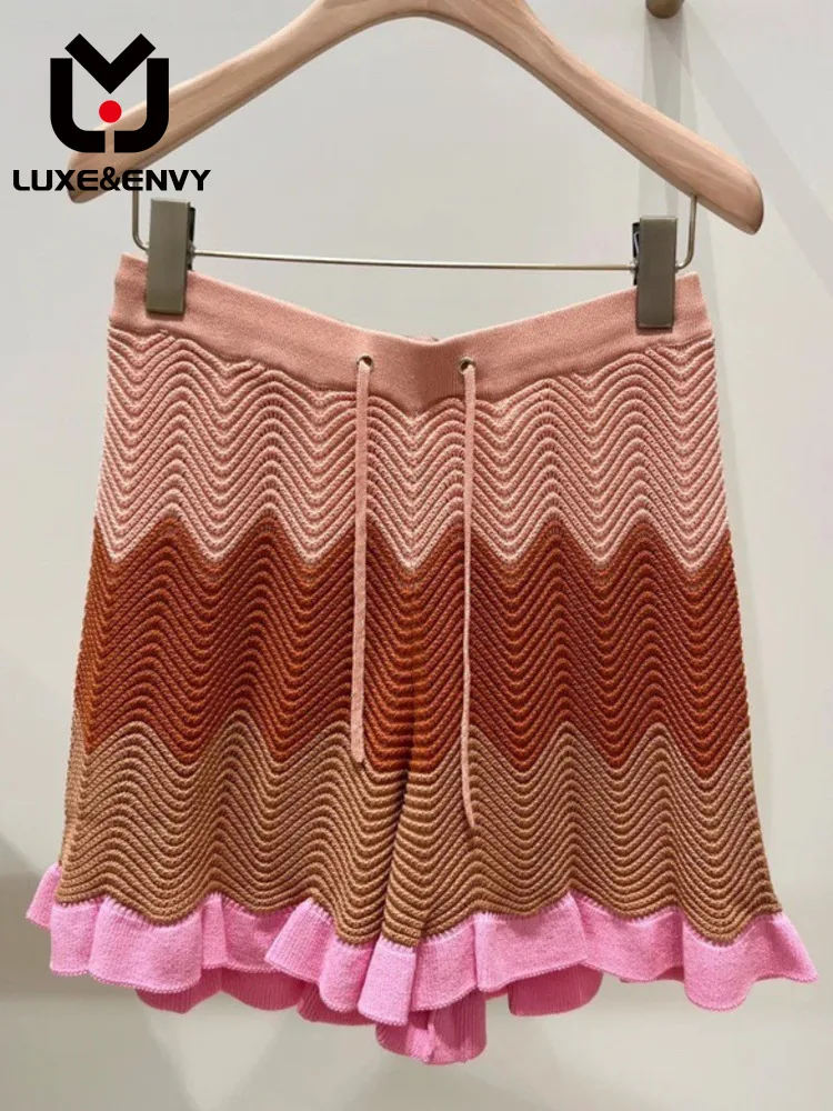 

LUXE&ENVY Leisure Vacation Style High Waist Lace Up Water Wave Lace Knitted Shorts 2023 Summer New