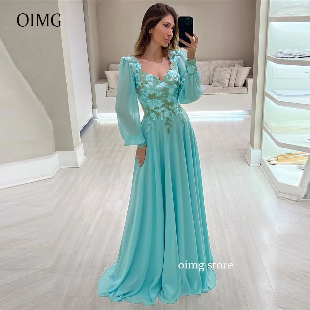 

OIMG Vintage A Line Chiffon Evening Dresses Puff Long Sleeves Sweetheart Lace Applique Arabic Women Formal Prom Party Gowns