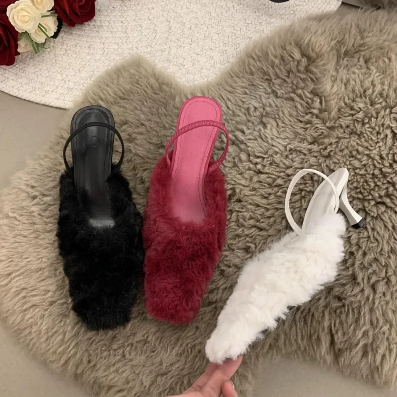 

Осенние женские тапочки, внешняя одежда, модные темпераментные пушистые полутапочки, женские тапочки на высоком каблуке, новинка