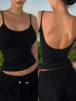 Women's Sexy Backless Spaghetti Strap Cami Top Stretchy Polyester Spandex Blend Slim Fit Sleeveless Shirt for Summer Party