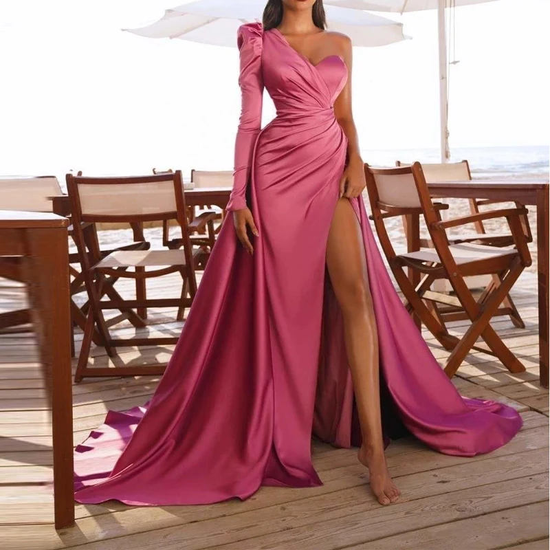 

Wedding Party Dress One-shoulder Folds Split Fashion Long Dress Cocktail Elegant Tight-fitting Formal Dress Bridal Prom Vestidos