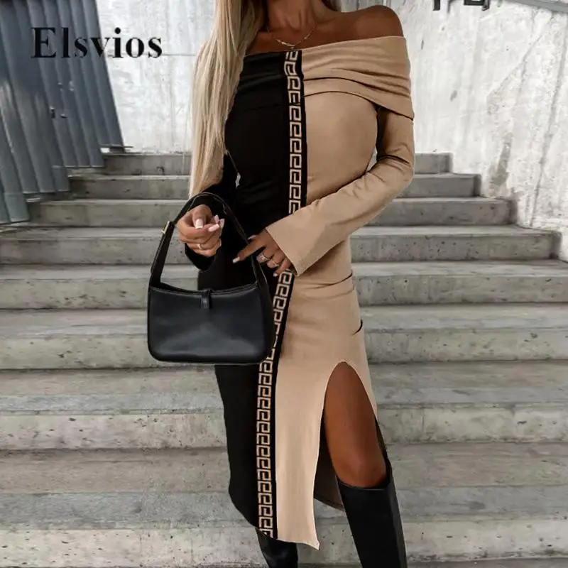 

Женское плиссированное платье с открытыми плечами, повседневное облегающее платье с разрезом, длинное платье контрастных цветов с винтажным рисунком