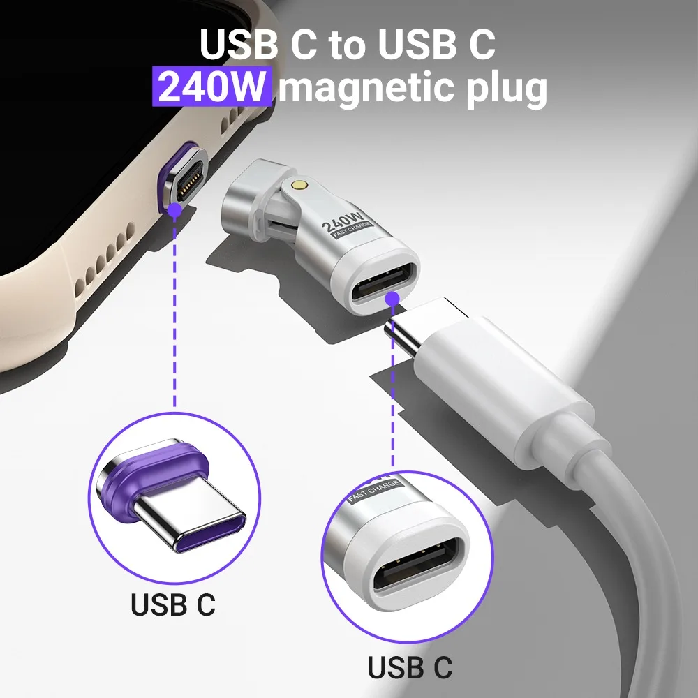 16Pin Magnetic USB C Male to USB C Female Adapter AUFU 180 Degree 240W Fast Charging Type Adapter for Iphone16 15 Macbook Pro usb to type c adapter type c adapter charger power adapter charging cable adapter magnetic cable adapter magnetic charging adapter