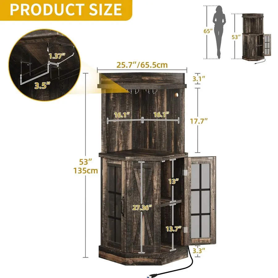 53 Corner Bar Cabinet, Farmhouse Wine Cabinet with Glass Holder amp LED Lights, 4Tiers Liquor Bar with Glass Door amp Shelves fo