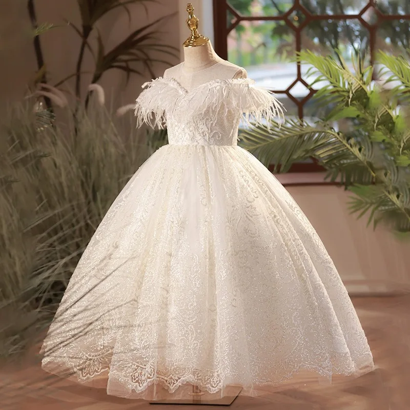 

Real Picture Princess Flower Girl Dresses For Wedding 2024 Feather Beading Lace Children Birthday Party Occasion Dress Prom Wear