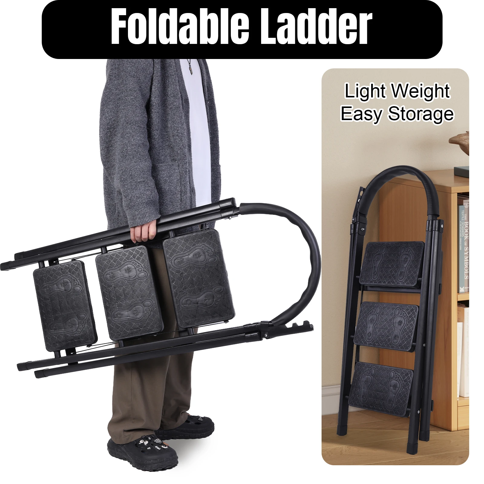 3 Step Folding Ladder Sturdy Portable Stepping Stools 330lbs Capacity Wide Platform Steps Ladder Chair for RV Attic Daily Home