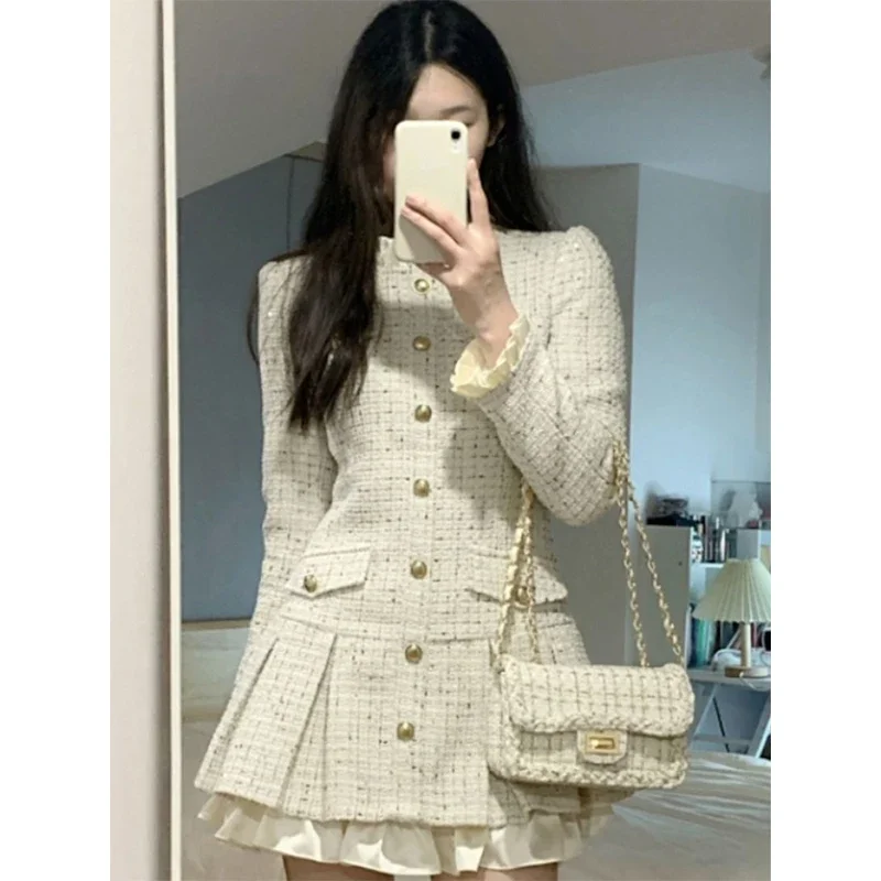 

MEXZT Sweet Tweed Mini Dress Women Elegant Ruffles Pleated A Line Dresses Vintage Korean Party Patchwork Bodycon Vestidos New