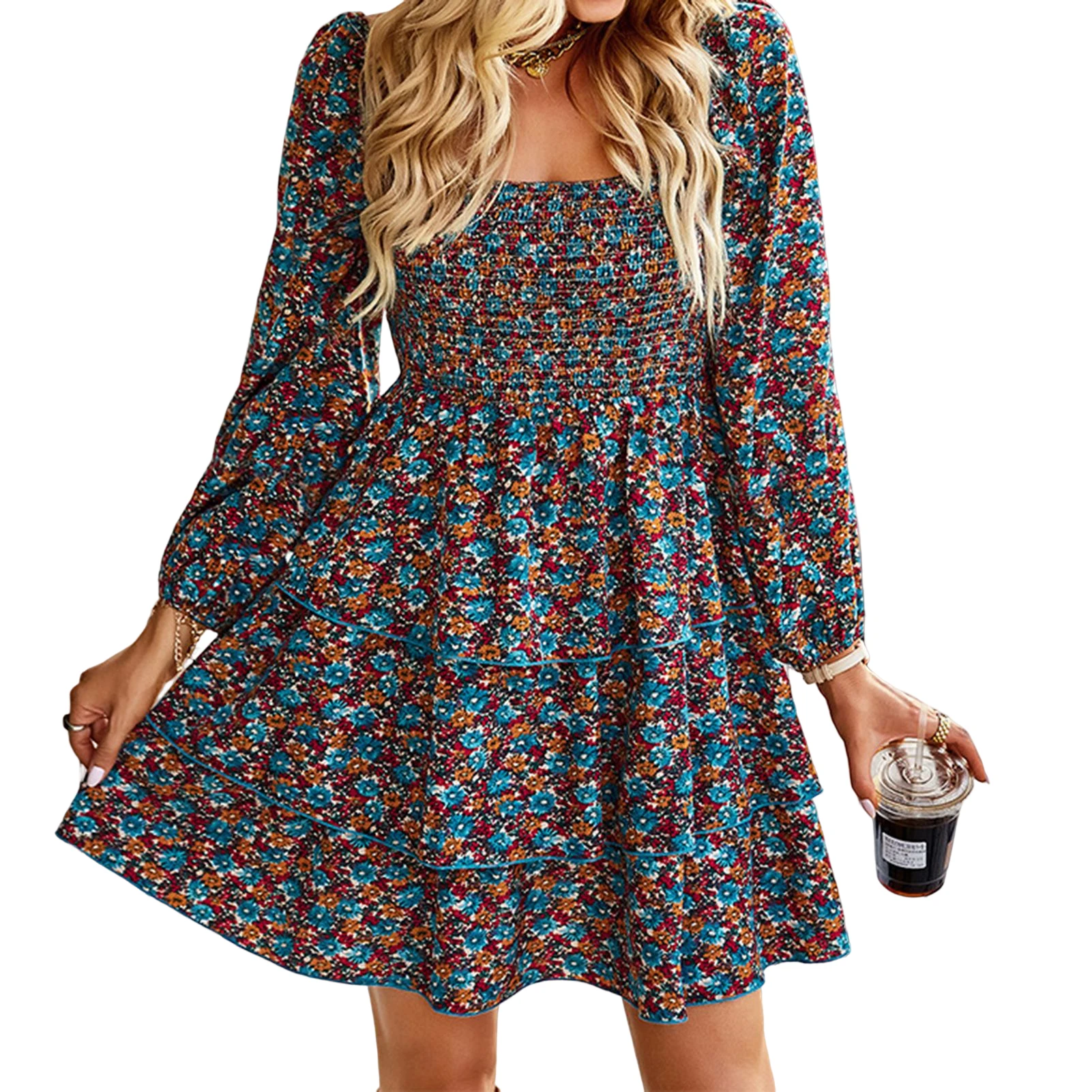

Square Collar Long Sleeve Dress 3 Color Choose Blue Purple Red Suitable for Going Beach Side Wear