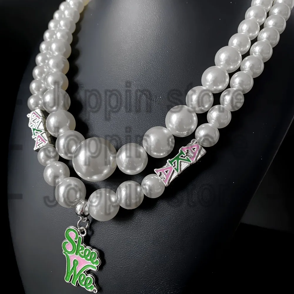 American black women pink society ALPHA sorority pendant multi-layered imitation pearl bead necklace choker