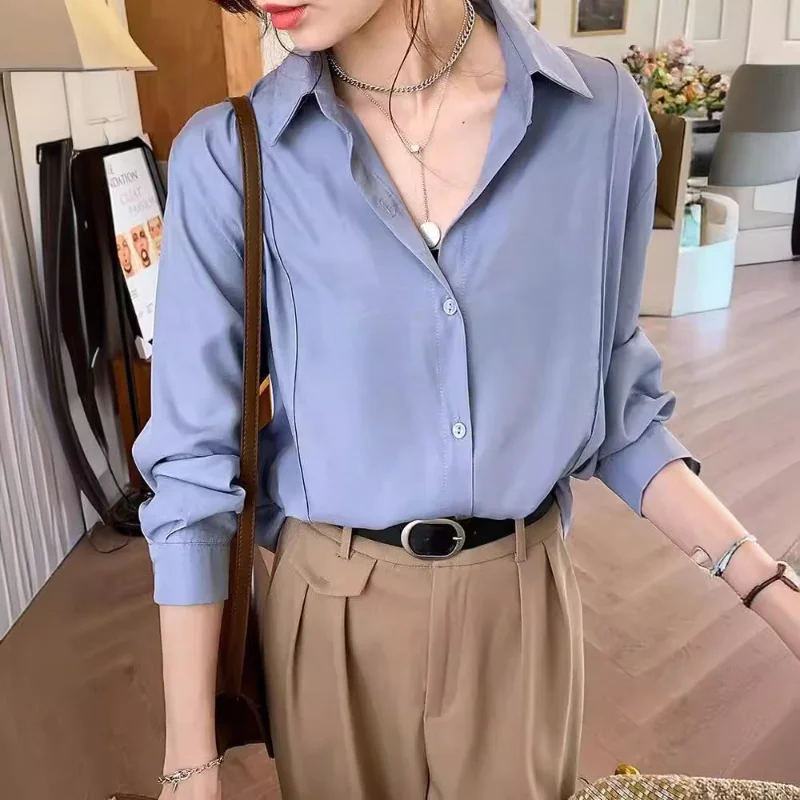 Spring and Summer New Fashion Splicing Buttons Simplicity Solid Color Commuter Versatile POLO Collar Long Sleeve Casual Shirt