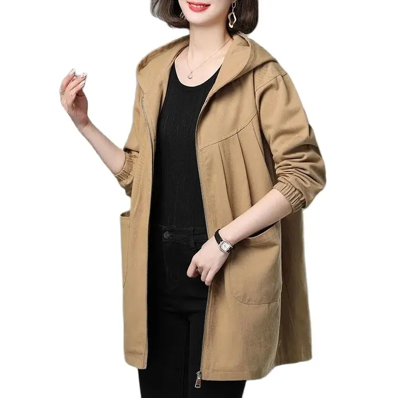 

4XL Women Windbreaker 2023 New Spring Women's Lined Jacket Coats Loose Hooded Mid Long Overcoat Zipper Pocket Female Basic Coat