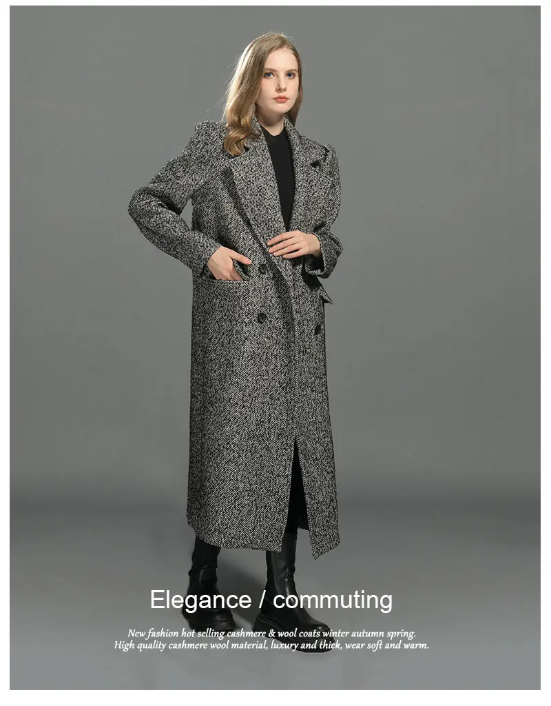 Women's striped wool coat side view showing double breasted design