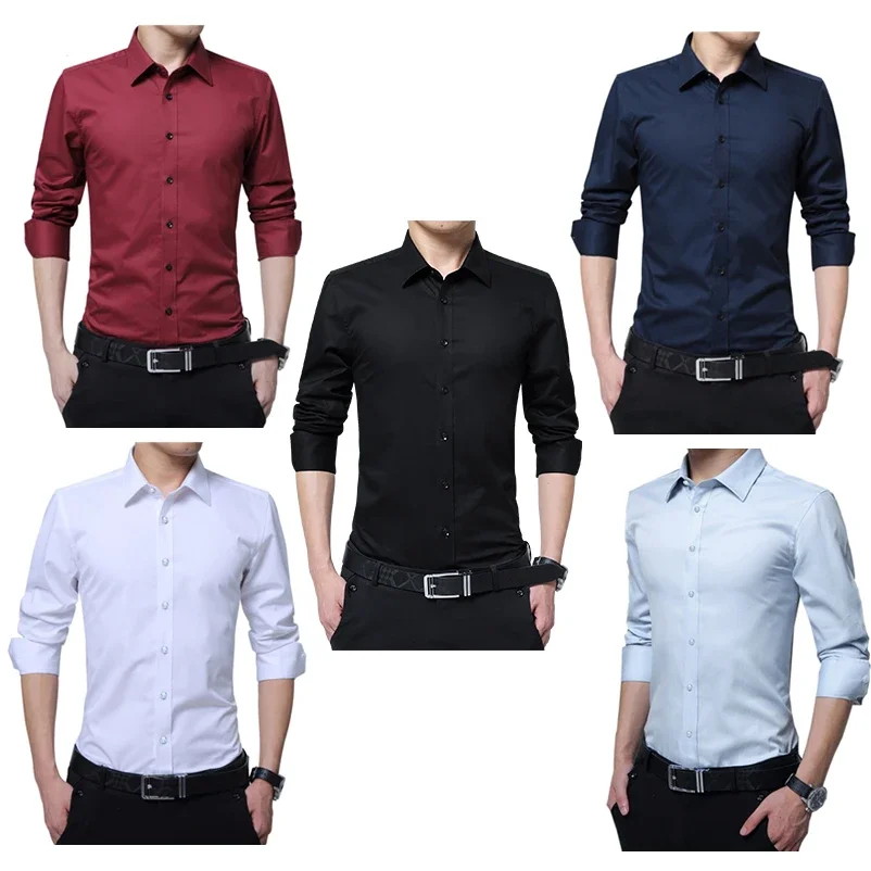 Long Sleeve Shirt Men Casual Shirt Men Dress Shirt Fashion Long Sleeve Business Social Shirt Male Solid Color Button Down Collar Plus Size Work White Black